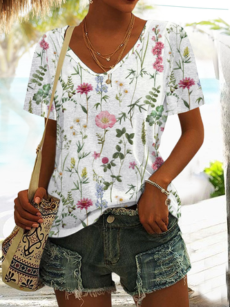 Women's V Neck Floral Vacation T-Shirt
