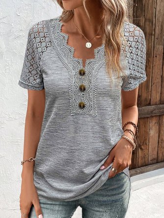 Casual V Neck Lace Regular Fit T-Shirt