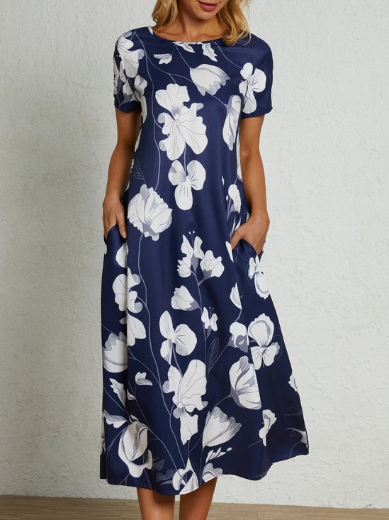 Women's Maxi Dress Floral Woven Dress Loosen Short Sleeve