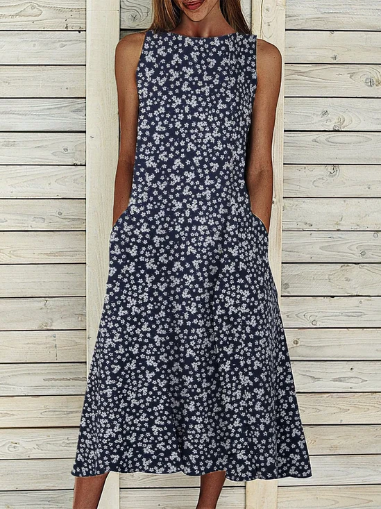 Women's Floral Pockets Maxi Dress Summer Sleeveless Weaving Dress