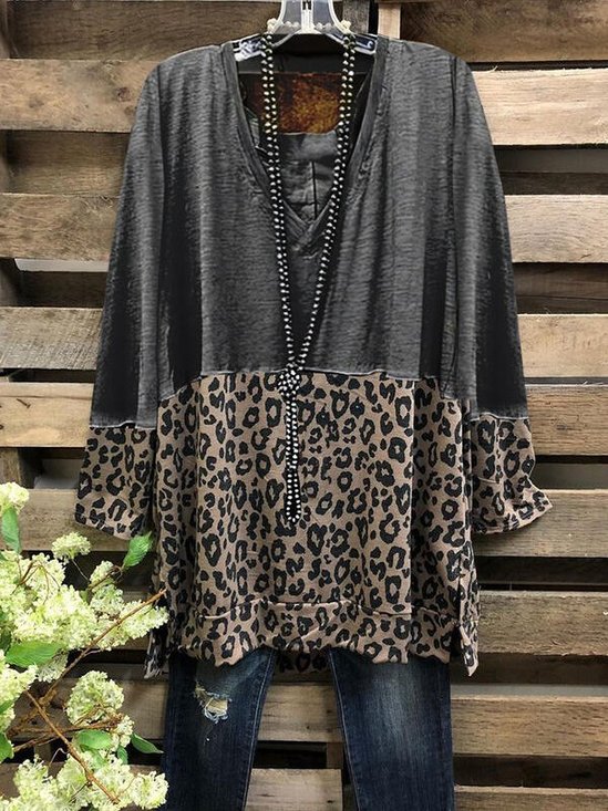 Color Block Leopard V-Neck Long Sleeves Casual Blouses