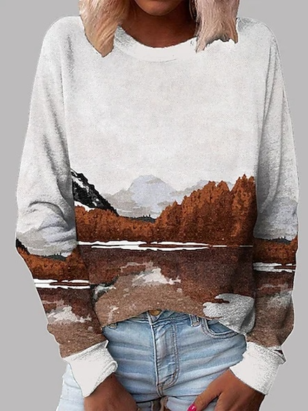 Landscape Painting Cotton Blends Crew Neck Sweatshirt