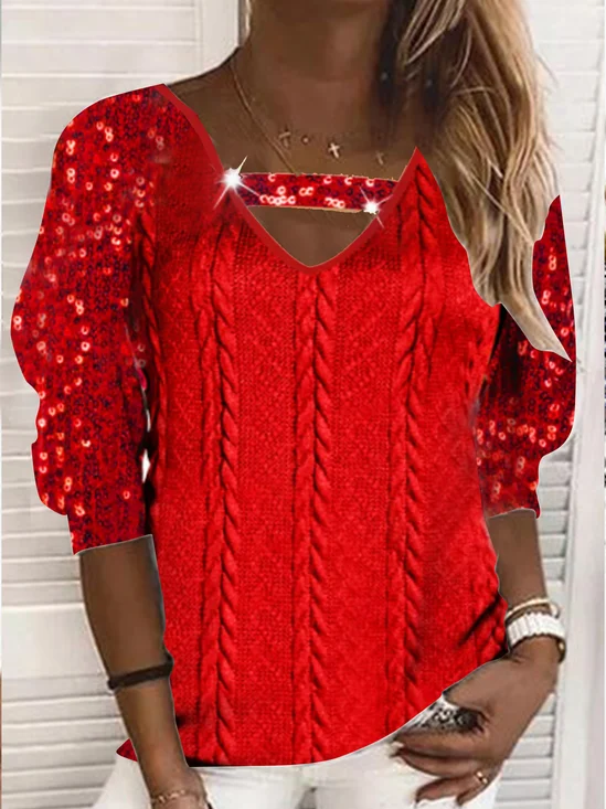 Long sleeve V-neck plain twist fabric stitching Sequin anti pricking double-layer design gorgeous party holiday top Plus Size