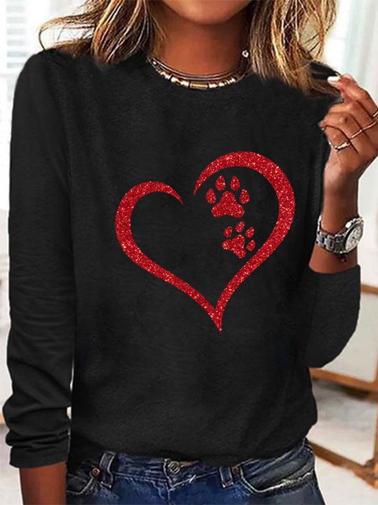 Women's Print Dog Lover Paw Heart Regular Fit Simple Long Sleeve Top
