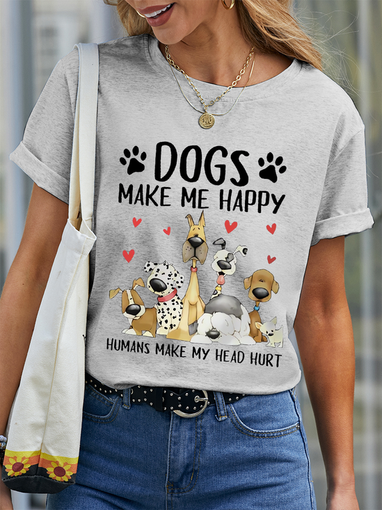 Women's Funny Word Dog Make Me Happy Cotton Casual Dog T-Shirt