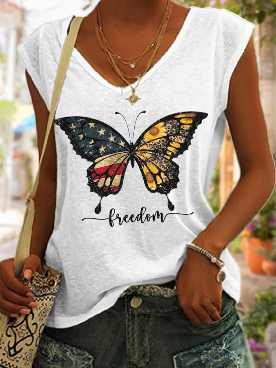 Women's Freedom Butterfly America Flag Simple Sunflower V Neck Tank Top