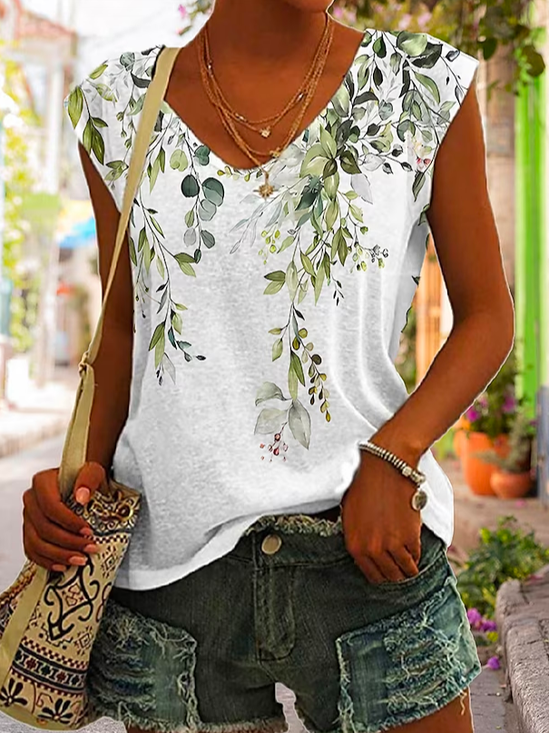 Floral Casual V Neck Loose T-Shirt