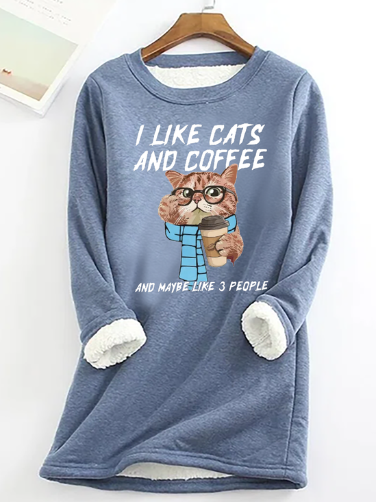 Women'S Cat Print Casual Crew Neck Cotton-Blend Fleece Sweatshirt