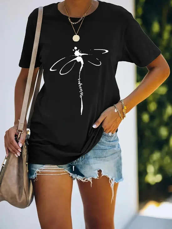 Crew Neck Loose Casual Dragonfly T-Shirt