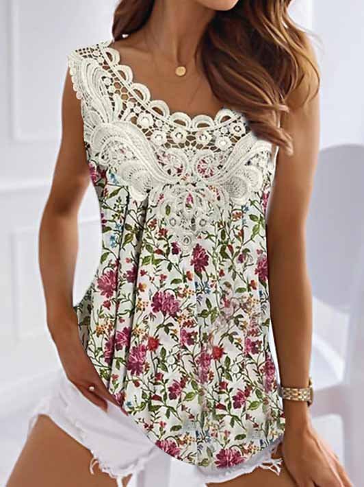 Crew Neck Casual Lace Small Floral Tank Top