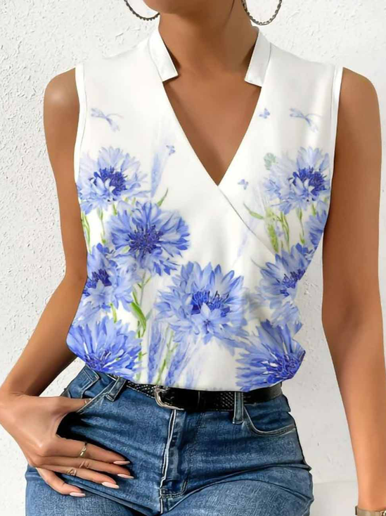 Cross V Neck Loose Casual Floral Tank Top