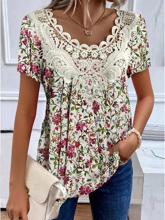 Lace Casual Crew Neck Floral Shirt