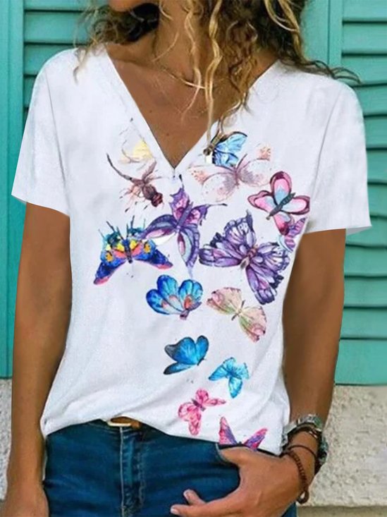 Casual V Neck Loose Butterfly T-Shirt