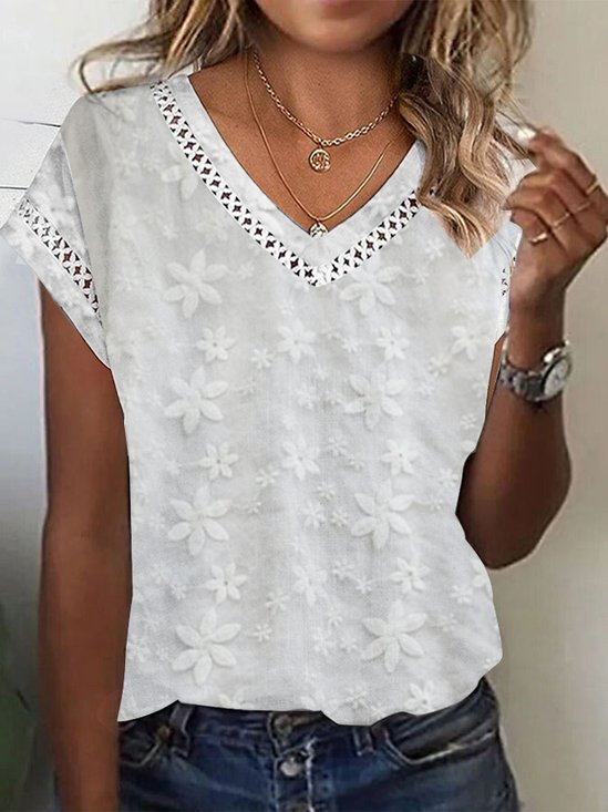 Plain Casual Embroidery V Neck Shirt