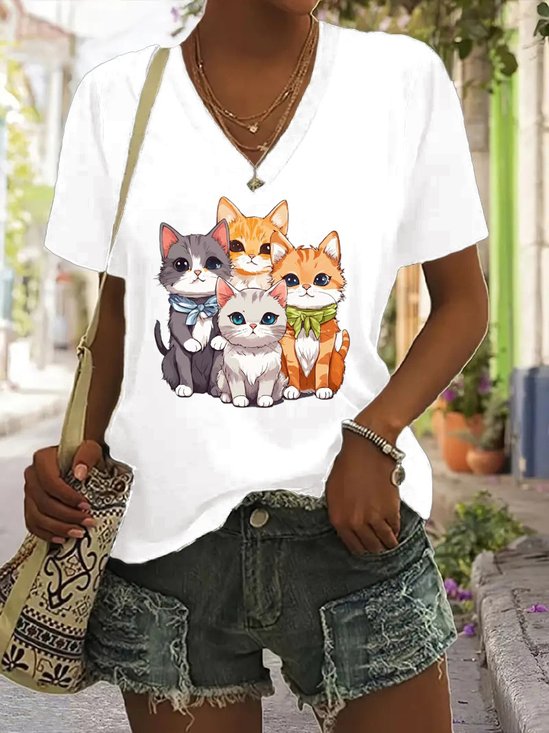 Cotton V Neck Casual Cat T-Shirt