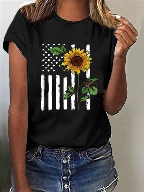 Casual Crew Neck Sunflower T-Shirt