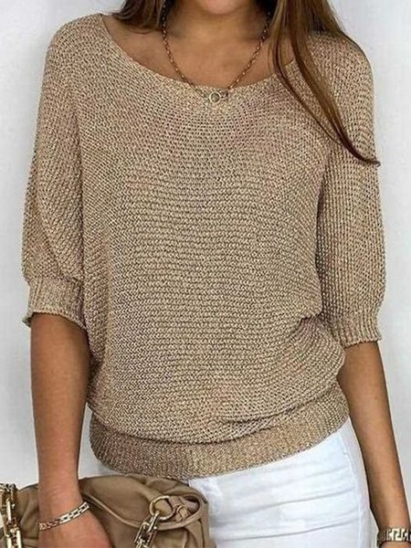 Women Plain Crew Neck Yarn/Wool Yarn Three Quarter Sleeve Casual Daily Spring/Fall Sweater