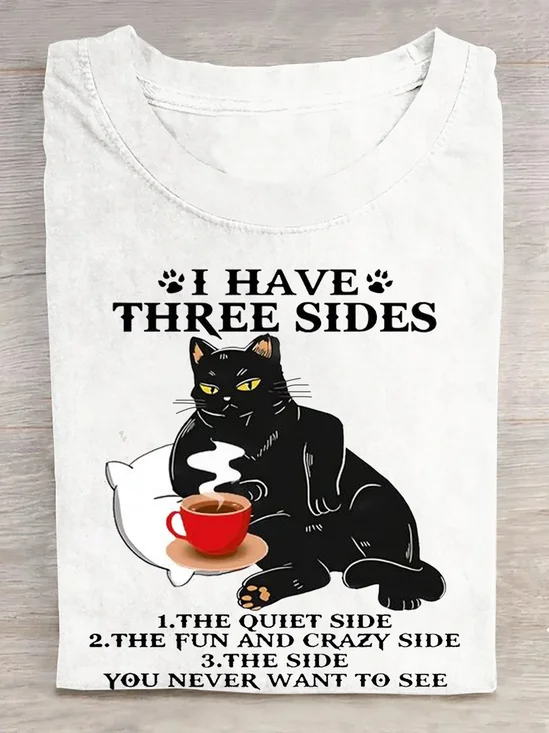 I HAVE THREE SIDES Casual Cotton Cat Crew Neck T-Shirt