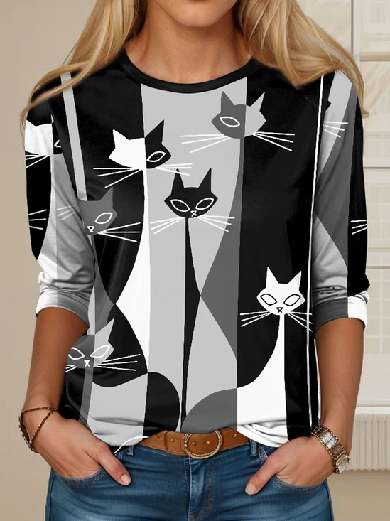 Women Cat Crew Neck Jersey Long Sleeve Casual Daily Spring/Fall T-shirt