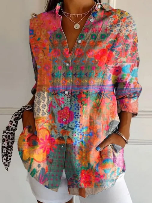 Women Floral Shirt Collar Long Sleeve Vintage Daily Spring/Fall Shirt