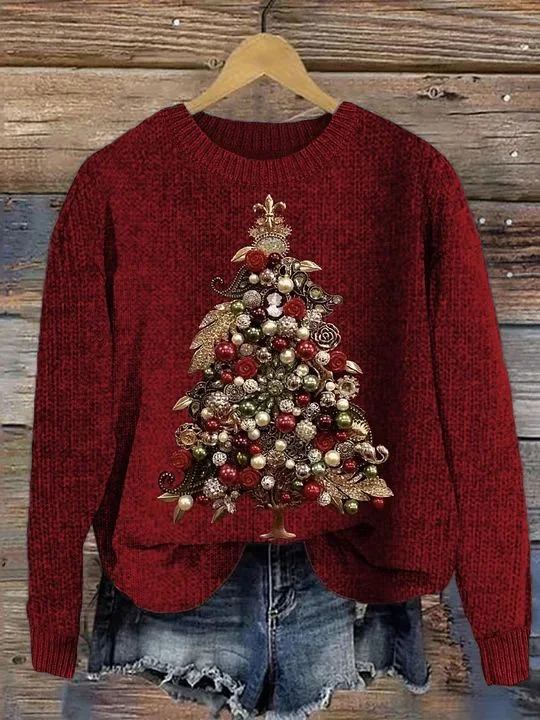Women's Knitted Crew Neck Casual Christmas Tree Sweater