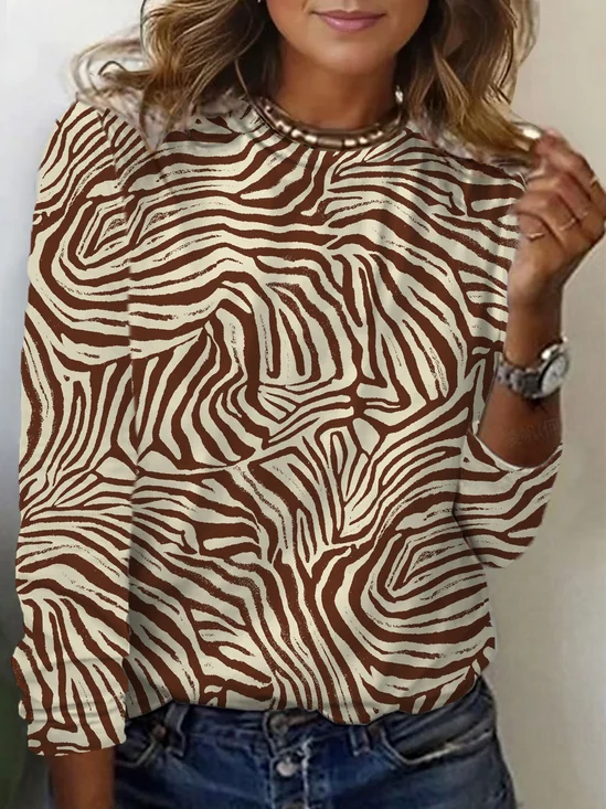 Zebra Print Crew Neck Long Sleeve T-shirt