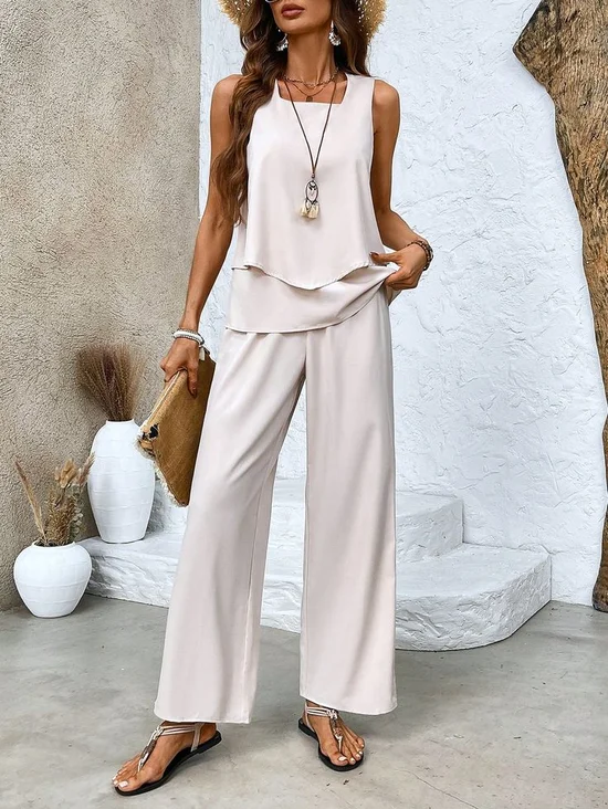 Women's Solid Color Casual Vest And Trousers Two-Piece Suit