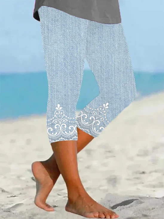 Women's Floral Spring Print Casual Faux Denim Leggings