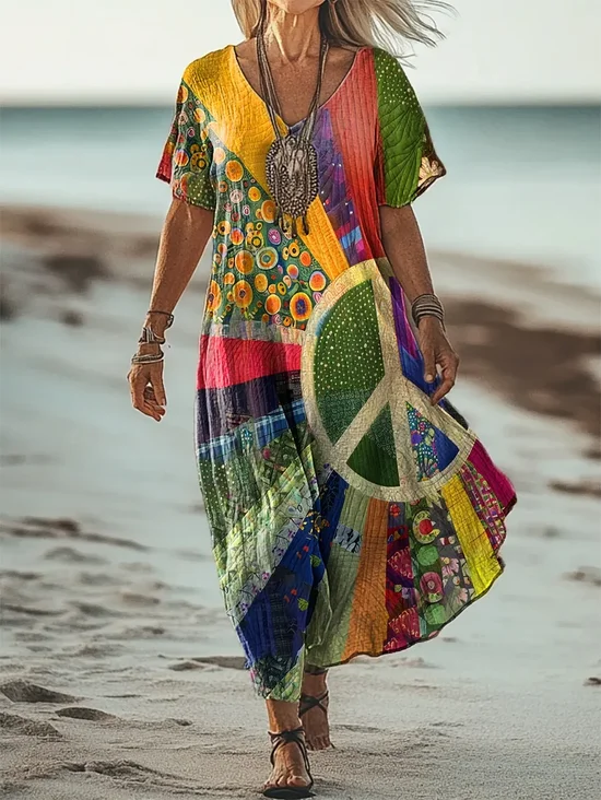 Women's Short Sleeve Summer As Picture Hippie Printing V Neck Daily Going Out Casual Maxi H-Line T-Shirt Dress Dress