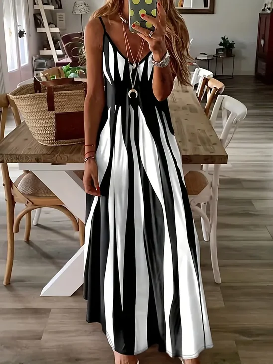 Women's Striped Spring Print Sexy Fashion Suspender Long Skirt