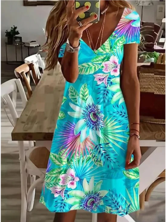 V Neck Floral Hawaii Cotton Dress With No