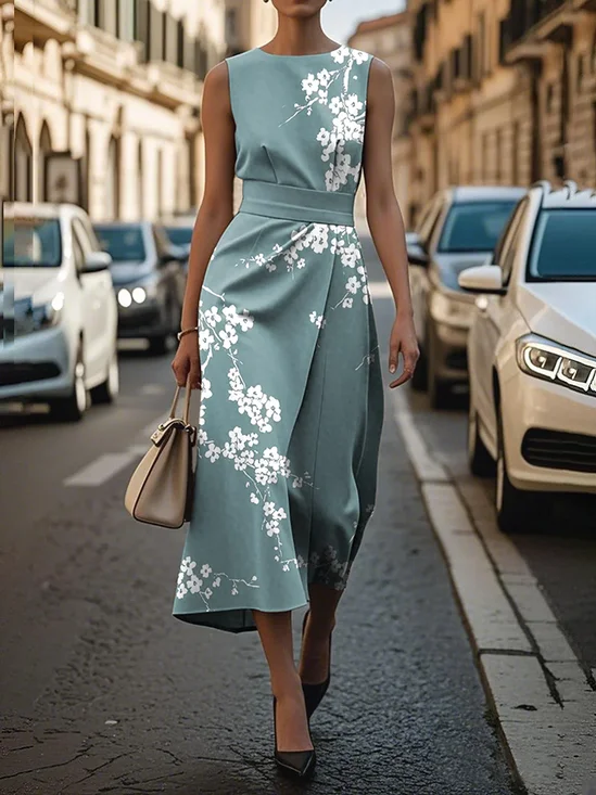 Women's Sleeveless Summer Green Floral Printing Crew Neck Daily Going Out Vintage Maxi H-Line Shift Dress Dress