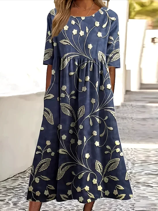 Floral Crew Neck Regular Fit Casual Dress With No