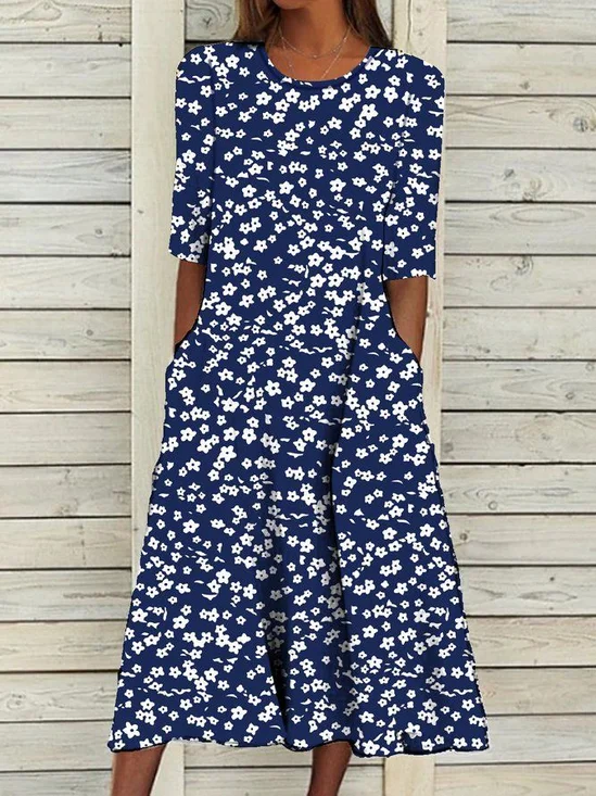 Women's Short Sleeve Summer Purplish blue Floral Printing Crew Neck Daily Going Out Casual Maxi H-Line Shift Dress Dress