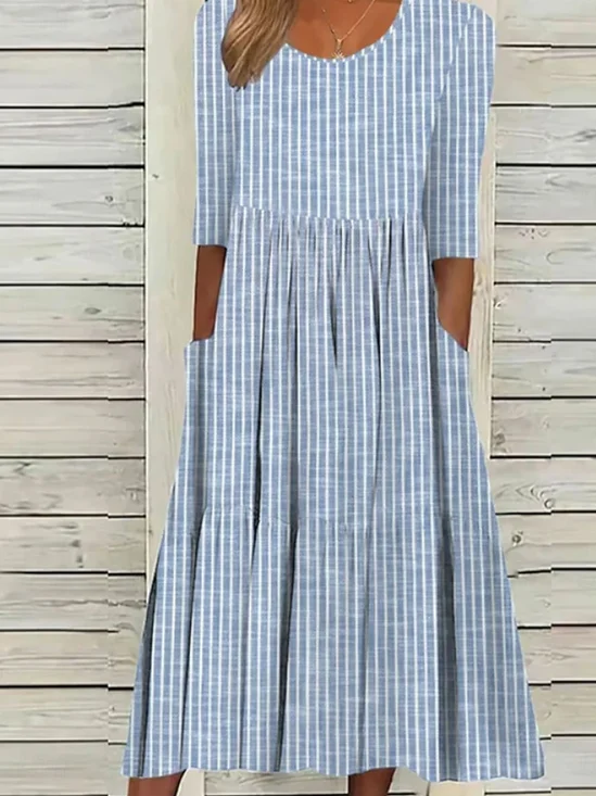 Women's Short Sleeve Summer Blue Striped Printing Crew Neck Daily Going Out Casual Maxi H-Line Shift Dress Dress