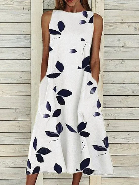 Women's Sleeveless Summer White Floral Printing Crew Neck Daily Going Out Casual Maxi H-Line Fit & Flare Dress Dress