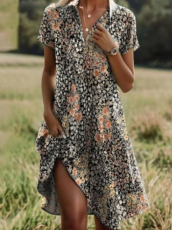 Cotton Shirt Collar Vacation Dress With No