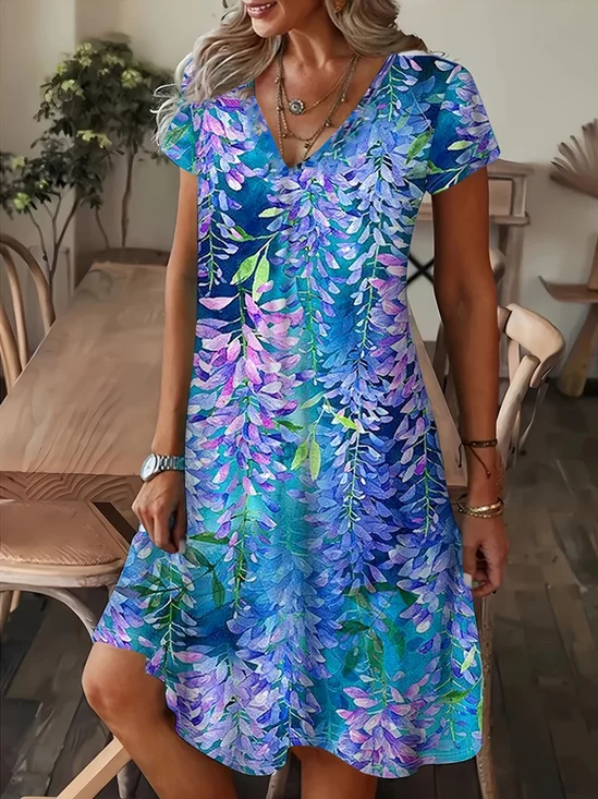 Casual V Neck Floral Dress With No