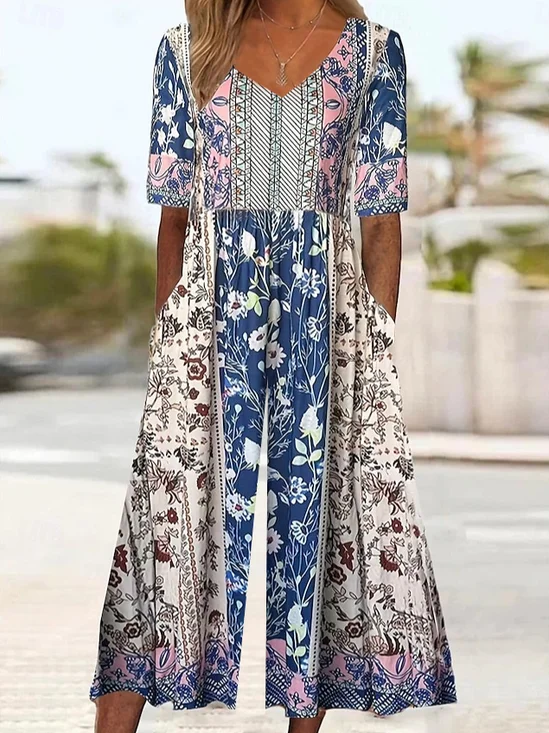 Women's H-Line V Neck Daily Going Out Casual Printing Floral Summer Ankle Pants Jumpsuit Romper