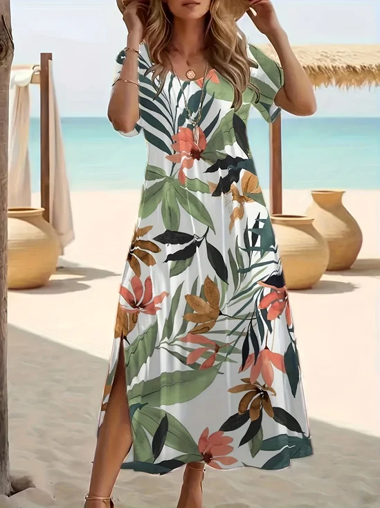 Women's Floral Print Casual Round Neck Short Sleeve Slit Dress