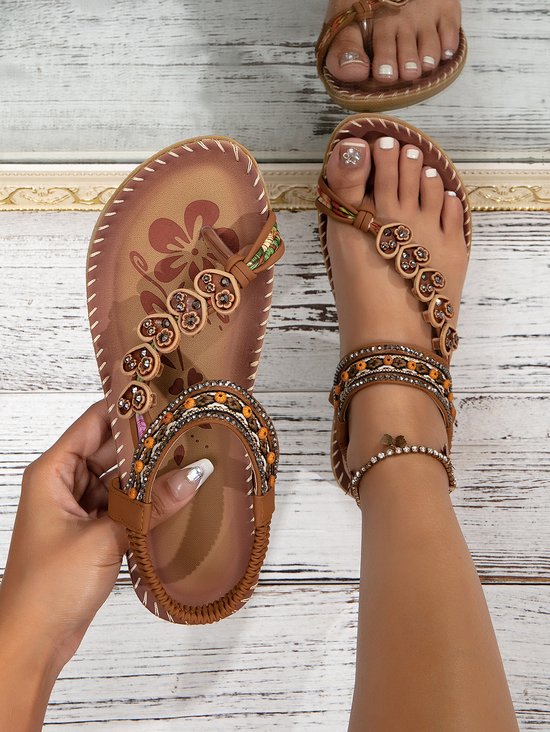 Bohemian Ethnic Style Women's Shoes Summer Fashion Beach Flat Sandals Beaded Diamond Flip Flops Sandals