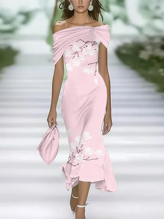 Women Floral Cold Shoulder Printing Vintage Summer Daily Maxi H-Line Dress