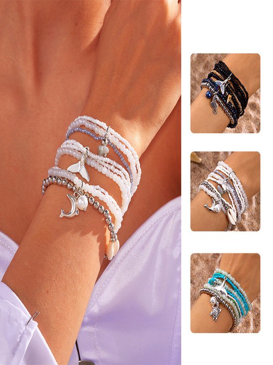 Ins Style Bohemian Beach Vacation Summer Shell Turtle Fishtail Rice Beads Multi-layer Stacking Bracelet Set