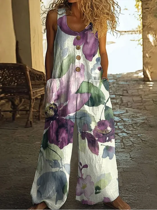Women's H-Line Overall Crew Neck Daily Going Out Casual Printing Floral Summer Long Jumpsuit Romper