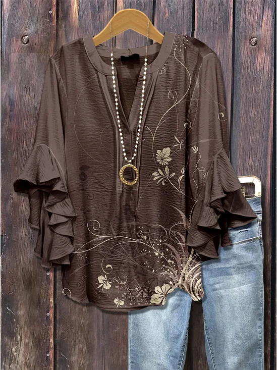 Women's Half Sleeve Shirt Summer Brown Floral Printing V Neck Daily Going Out Casual Top