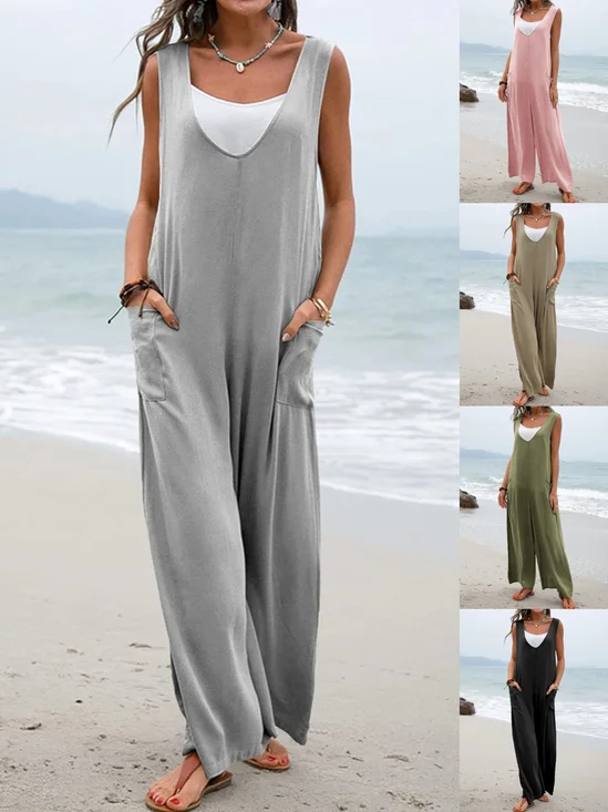 Women's H-Line Tank Crew Neck Daily Going Out Casual Split Joint Plain Summer Long Jumpsuit Romper