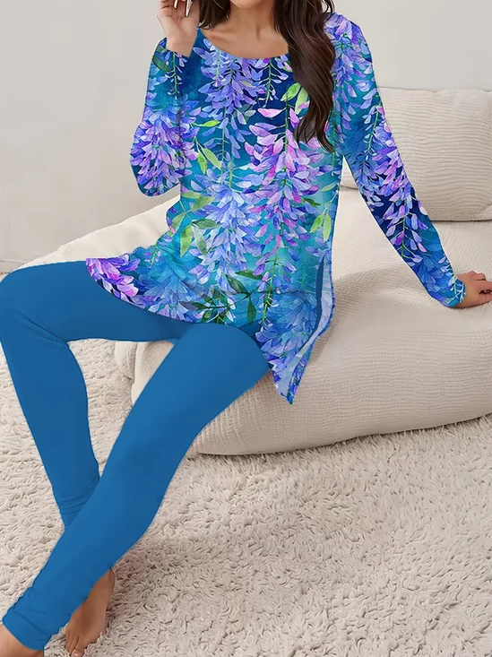 Women Floral Jersey Long Sleeve Top With Pants Casual Printing Spring/Fall Crew Neck Two-Piece Set