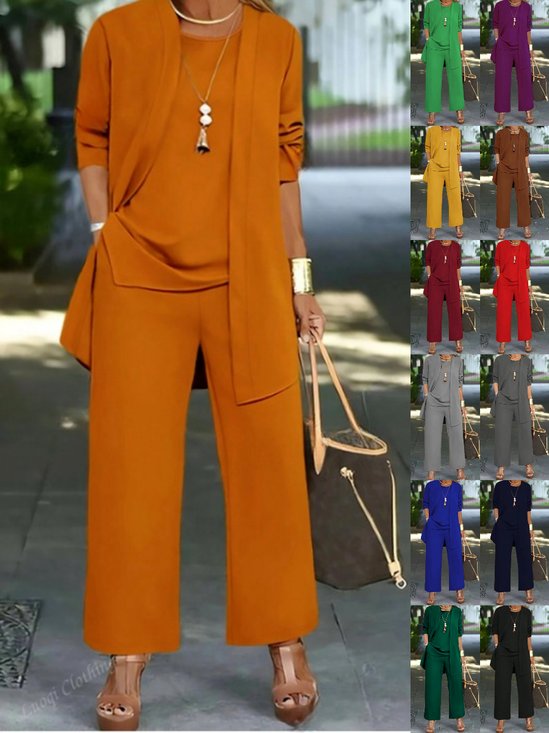 Women Plain Long Sleeve Multi-Piece Set Casual Split Joint Spring/Fall Crew Neck Matching Outfit