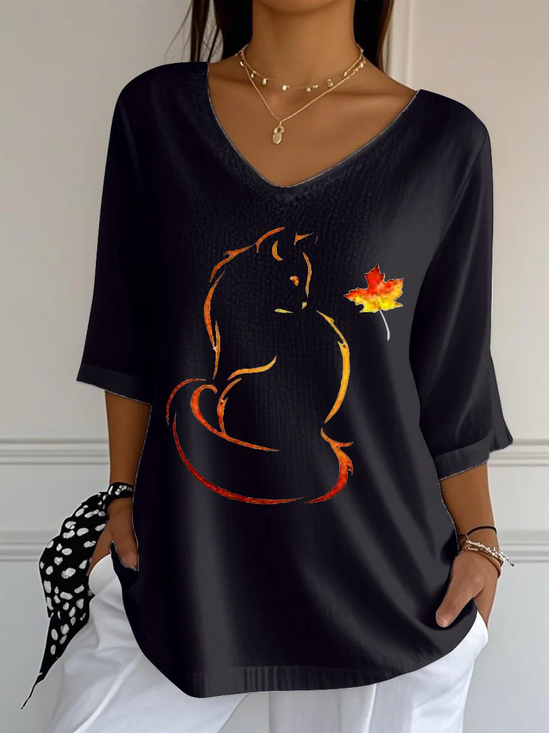 Women Cat Crew Neck Cotton Three Quarter Sleeve Vintage Daily Spring/Fall T-shirt
