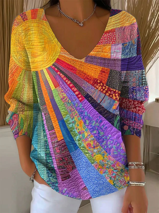 Women Abstract V Neck Long Sleeve Casual Daily Spring/Fall T-shirt